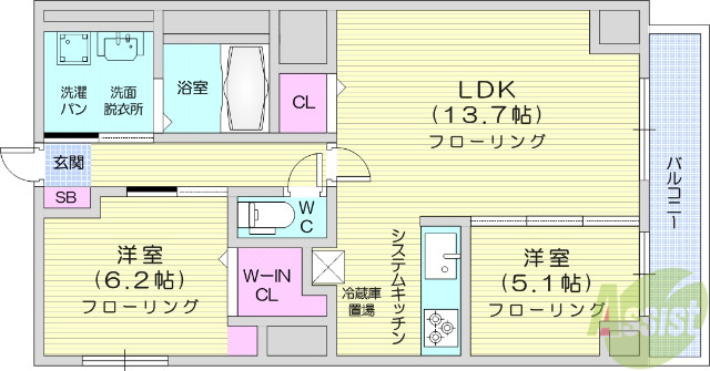 仙台市宮城野区小田原山本丁のマンションの間取り