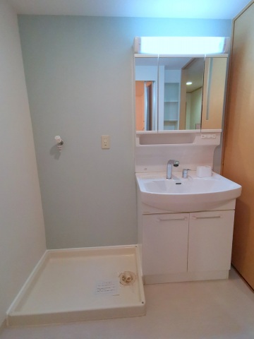 洗面設備　シャンドレ付き洗面化粧台と室内洗濯機置き場