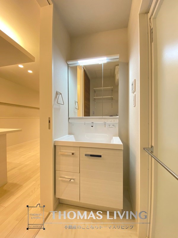 洗面設備　洗面台は三面鏡です。中は収納になっています。