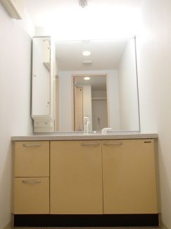 洗面設備　大きな独立洗面台付で朝の準備もらくらくです。