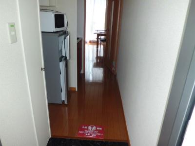 玄関　冷蔵庫の奥がキッチン。その奥が居室です。