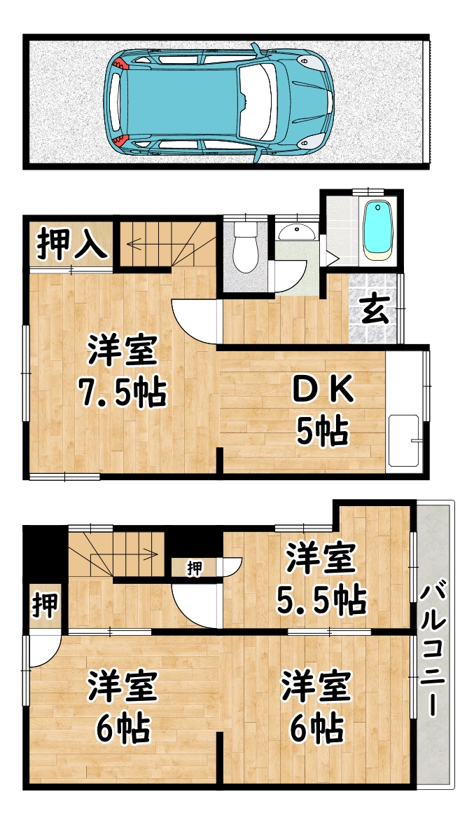 近鉄奈良線 瓢箪山駅 徒歩26分 2階建 築44年の間取り写真