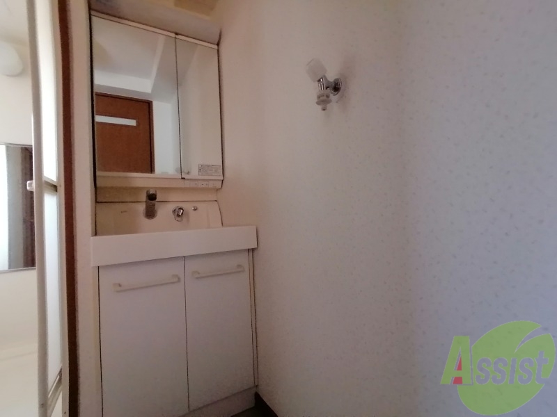 洗面設備　このタイプなら毎朝の準備も捗りますね。鏡が大きいのが良い。