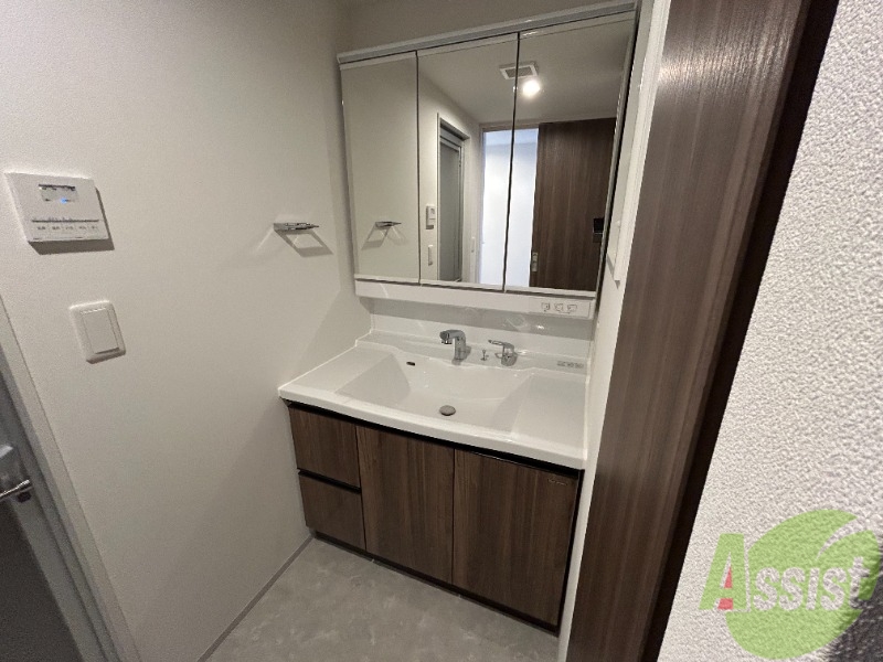 洗面設備　独立洗面台がございます。大きな鏡とたくさんの収納が特徴。