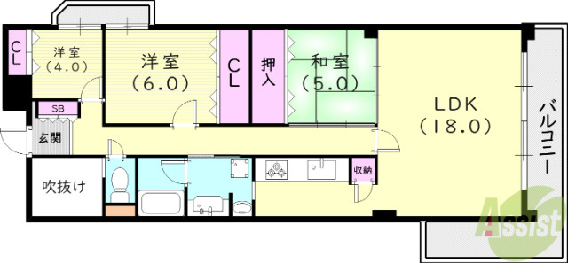 西宮市大谷町のマンションの間取り