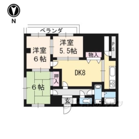 京都市左京区下鴨南芝町のマンションの間取り