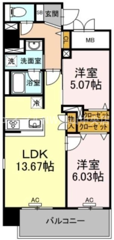 岡山市北区表町のマンションの間取り