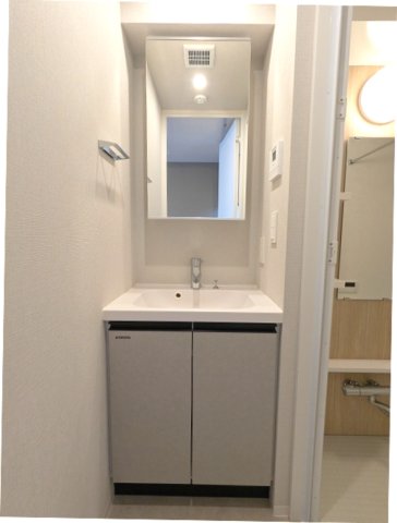 洗面設備　トイレと独立した洗面室、ハンドシャワー付、鏡の後ろも収納です