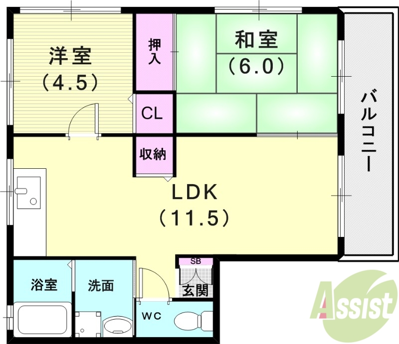 芦屋市浜町のアパートの間取り