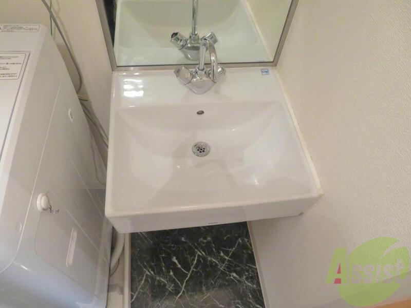 洗面設備　可愛らしいデザインの洗面になります。鏡もデカくＧＯＯＤです。