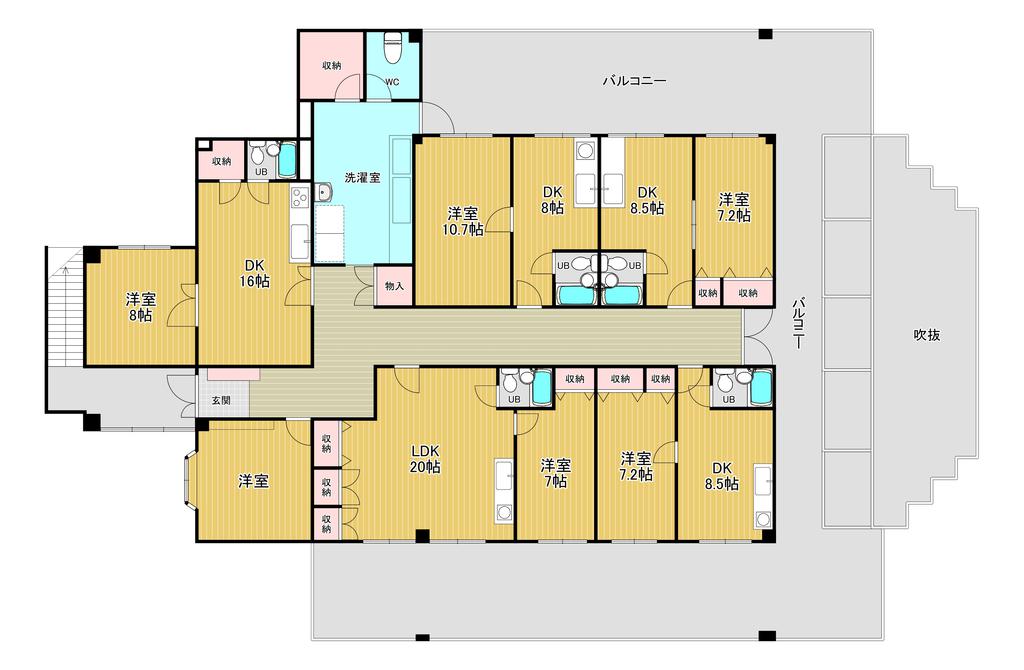 【福祉施設や社員寮に適した、５世帯プラスαの大型集合住宅の間取り】