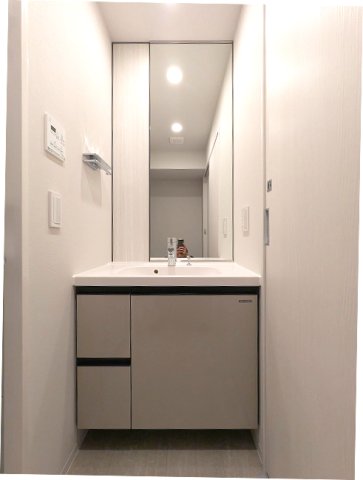 洗面設備　トイレと独立した洗面室、ハンドシャワー付独立洗面台、タオルフ