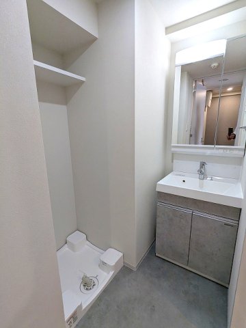 洗面設備　2面鏡・ハンドシャワー付独立洗面台、洗濯機置場は排水口お手入