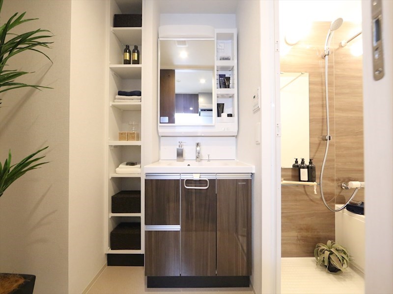 洗面設備　脱衣所　独立洗面台（シャンプードレッサー付）収納スペース有