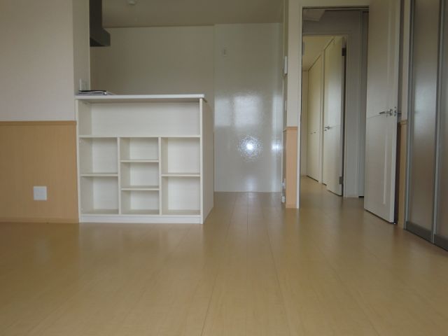 居室・リビング　対面キッチンのリビング側が収納棚になっています