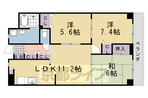 京都市西京区下津林東芝ノ宮町のマンションの間取り