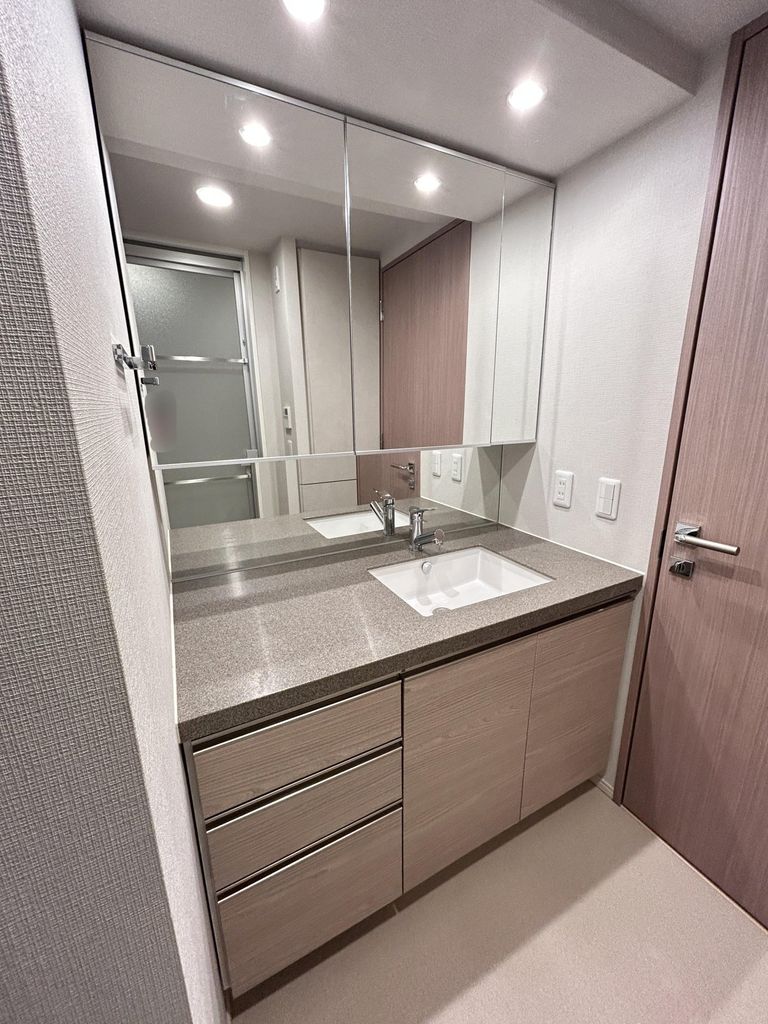 洗面設備　三面鏡付きの洗面化粧台　シャンプードレッサーあり