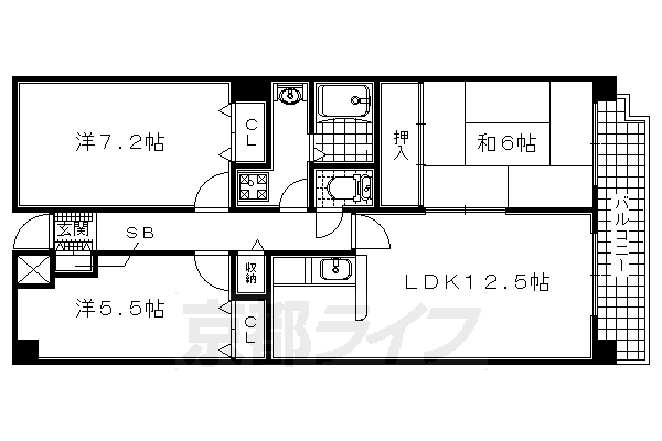 宇治市五ケ庄のマンションの間取り