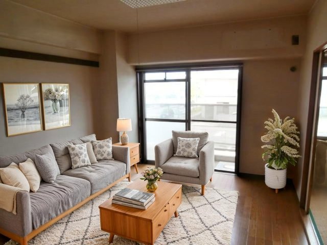 居室・リビング　家具：イメージ（AI生成）であり賃料には含まれません。