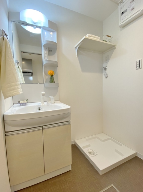 洗面設備　大きな洗面台と洗濯機置き場