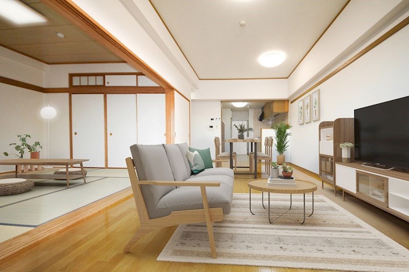 居室・リビング　リビングからの和室で広々空間を演出