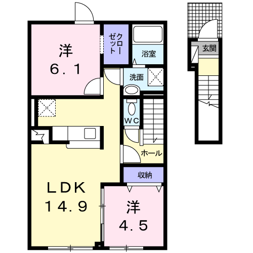 滝川市東町7丁目2LDKアパート2階の間取り