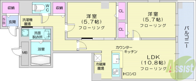 仙台市宮城野区元寺小路のマンションの間取り