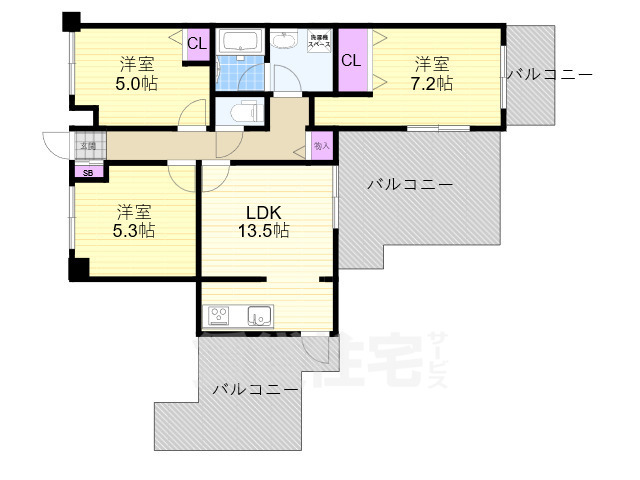 京都市左京区岡崎入江町のマンションの間取り