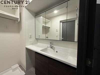 洗面設備　3面鏡・作業スペースも広い独立洗面台です