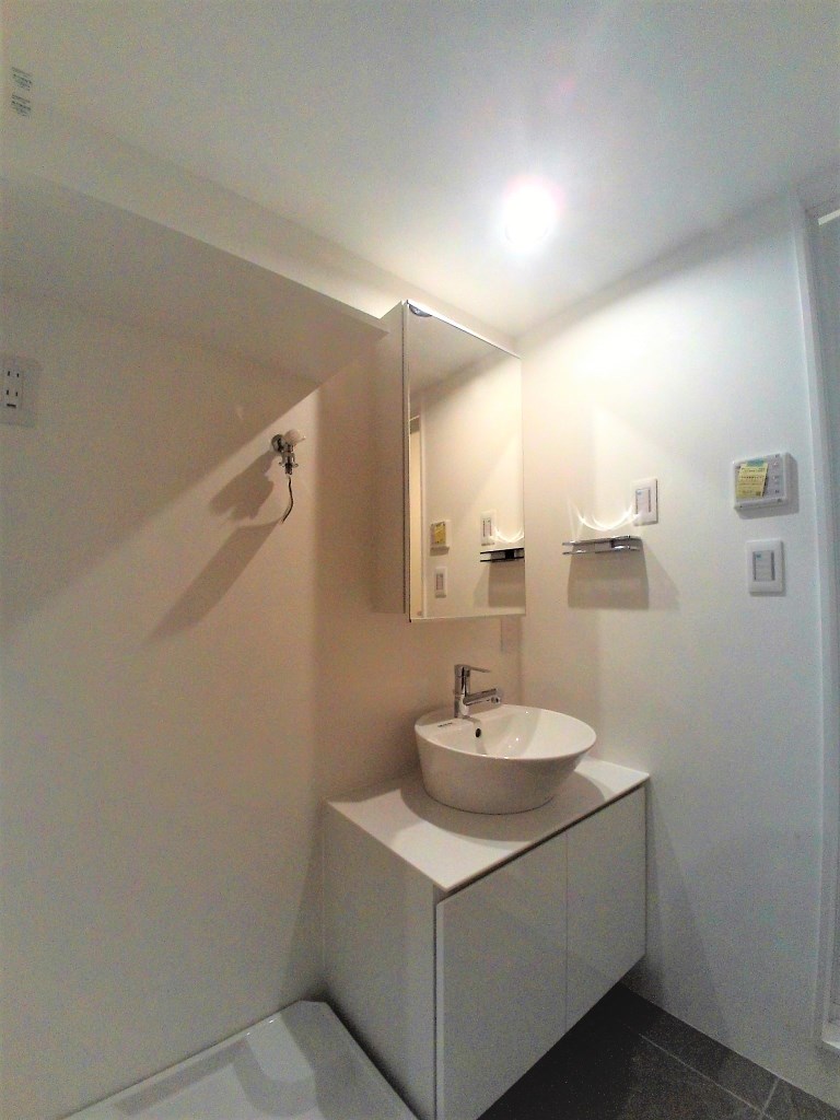 洗面設備　独立洗面台、小物を置くことができて便利です