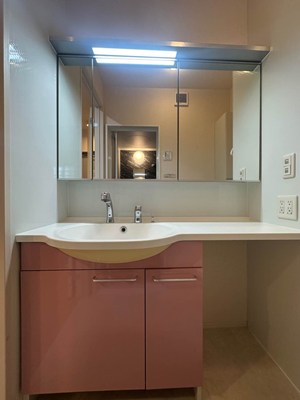 洗面設備　角度の変えられる3面鏡付きの洗髪洗面化粧台です♪朝のバタバタ