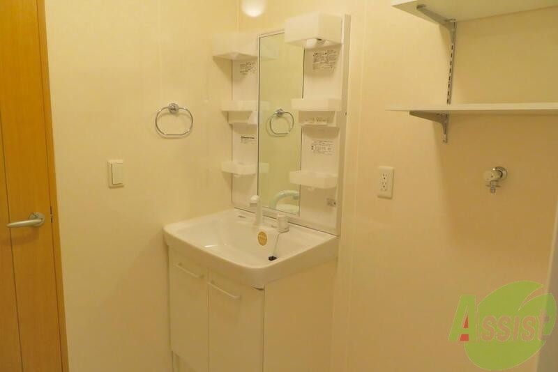 洗面設備　洗面台にたくさんの収納ポケットがあっていいですね。