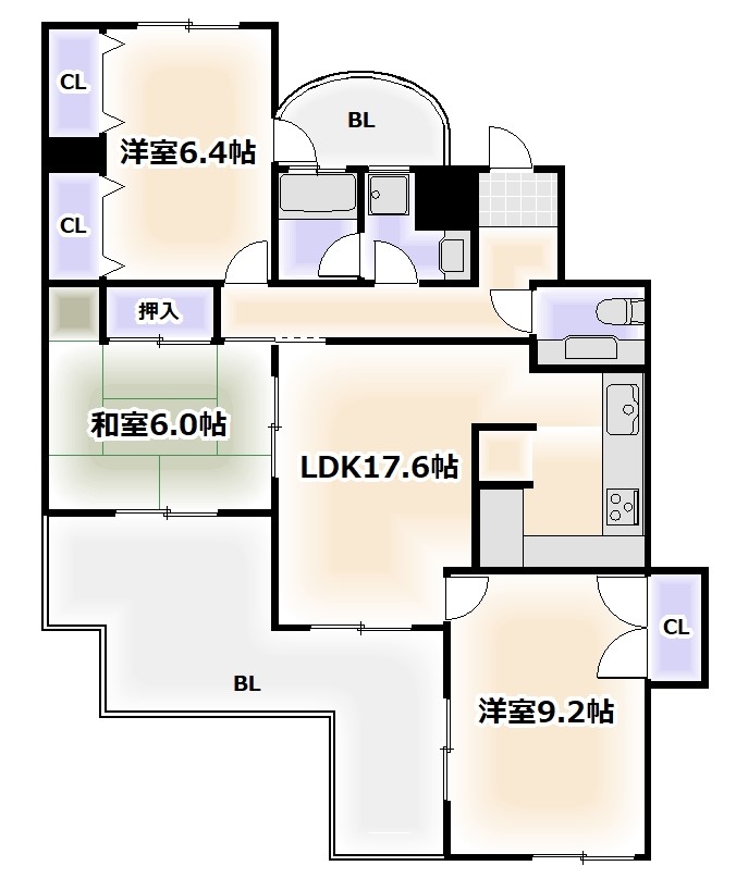 大阪市東住吉区南田辺のマンションの間取り