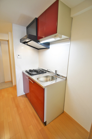 キッチン　システムキッチン（２口）。レッド系の面材がおしゃれです。