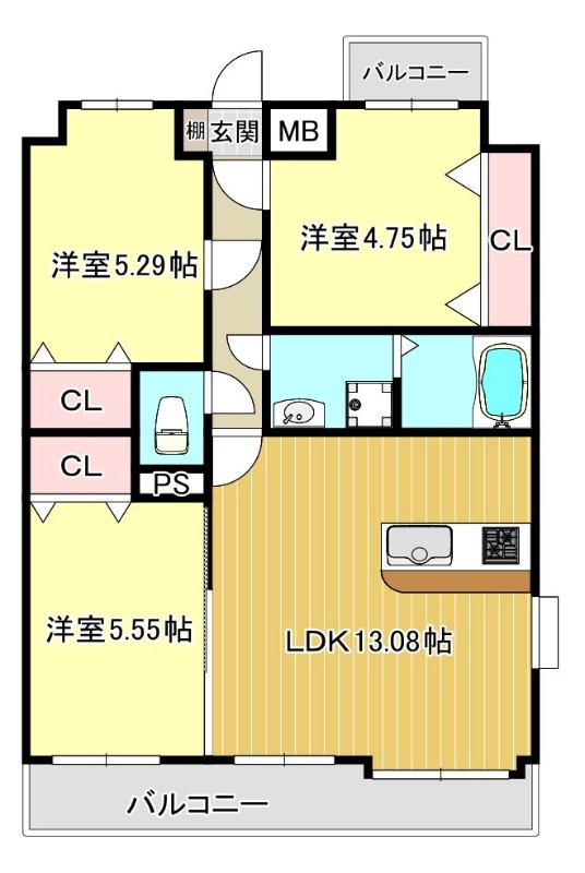 糟屋郡志免町南里のマンションの間取り