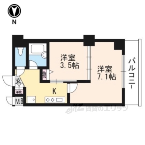 京都市北区衣笠東開キ町のマンションの間取り