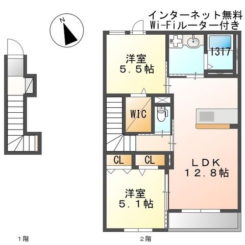 【姫路市飾磨区蓼野町のアパートの間取り】