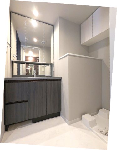 洗面設備　トイレと独立した洗面脱衣室、三面鏡付ハンドシャワー付洗面台、