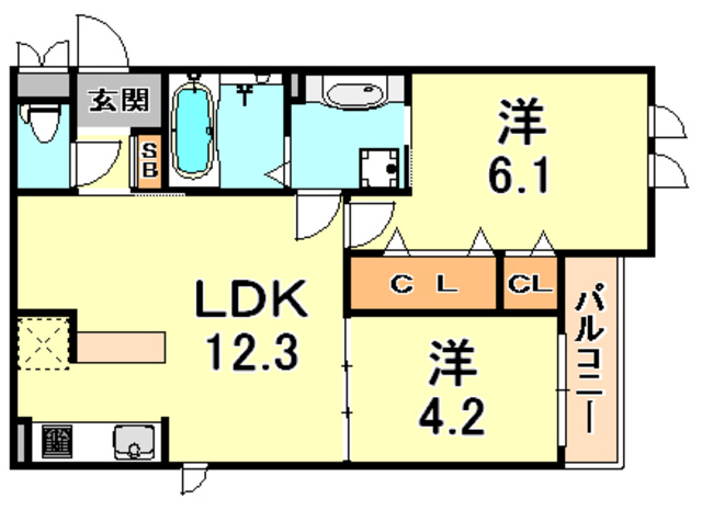 【神戸市灘区灘北通のアパートの間取り】