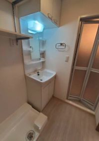 洗面設備　独立洗面台、小物を置くことができて便利です