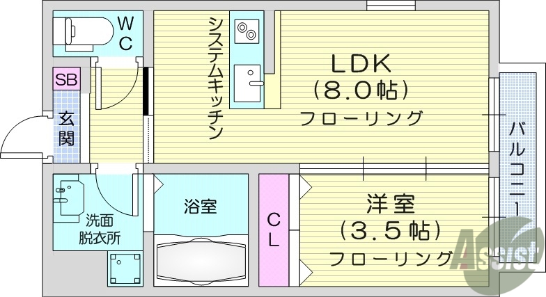 仙台市若林区東九番丁のアパートの間取り