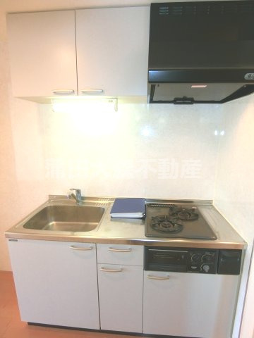 キッチン　2口ガスシステムキッチン　まな板が置ける調理スペースあります