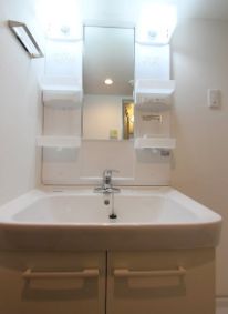 洗面設備　独立洗面台、小物を置くことができて便利です