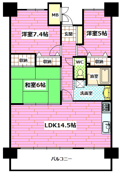 広島市安佐南区東原のマンションの間取り