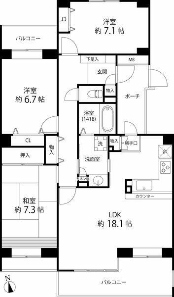 横浜市神奈川区西寺尾のマンションの間取り