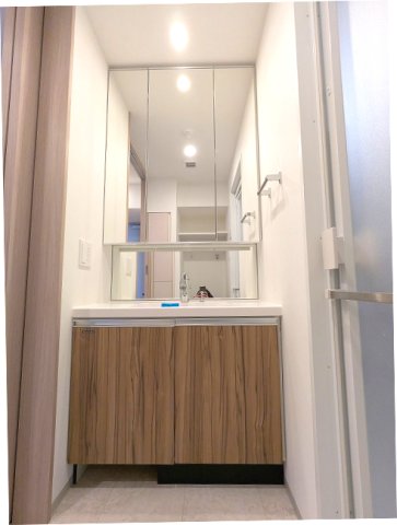 洗面設備　トイレと独立した洗面脱衣室、三面鏡付ハンドシャワー付洗面台、