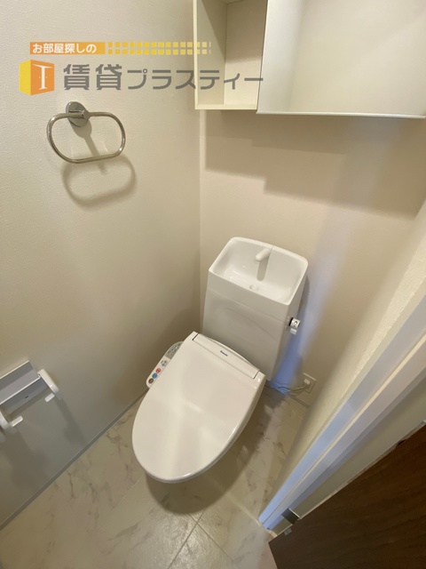 トイレ　鏡付きの棚。