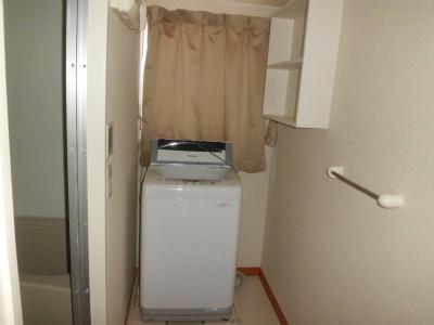 その他　洗濯機。横には洗剤などを置ける棚付。