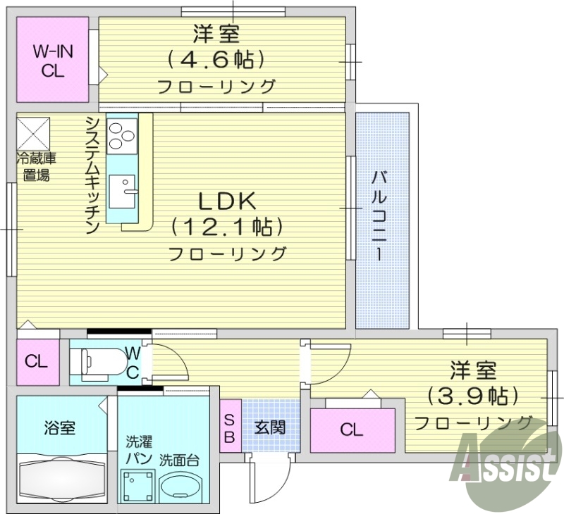 仙台市若林区二軒茶屋のアパートの間取り