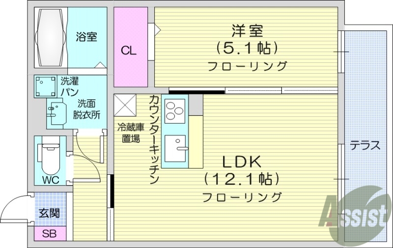 仙台市若林区二軒茶屋のアパートの間取り